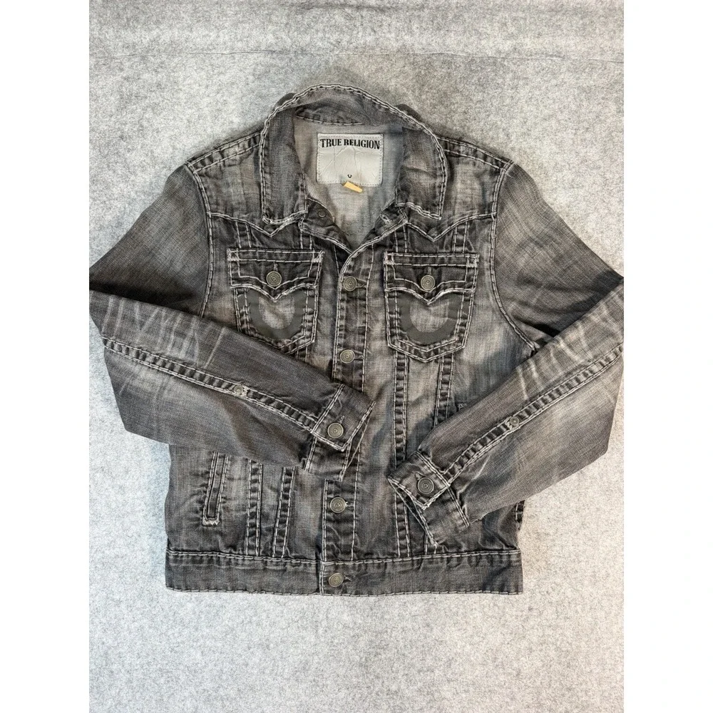 True Religion Jimmy Super T Denim Jacket Men's M Black Gray Horseshoe Y2K